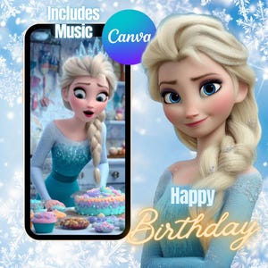 Può includere: Illustrazione digitale di Elsa di Frozen. Il testo "Includes Music" e "Canva" è presente. Le parole "Happy Birthday" sono anch'esse visualizzate. Elsa indossa un abito blu e ha i capelli biondi.