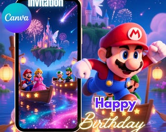 Mario Galaxy Birthday Video Invitation Outer Space Party Space Mario Party Invite Digital Editable Canva Template, Instant Download