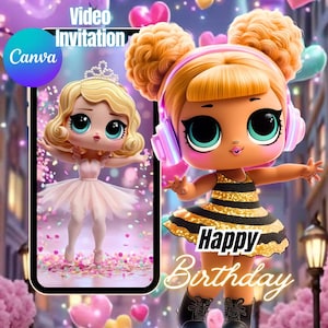 以下が含まれることがあります： 2 人の漫画のキャラクターが登場するデジタル誕生日招待状。一人はピンクのチュチュを着ており、もう一人は黒と金のストライプのドレスを着ています。「Happy Birthday」の文字とCanvaのロゴが表示されています。
