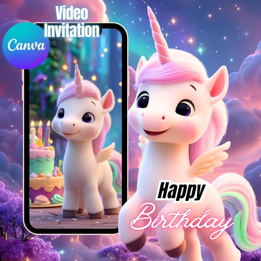 Editable Unicorn Birthday Invitation Animated Magical Pastel Rainbow ...