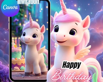 Redigerbar enhörningsfödelsedagsinbjudan Animerad magisk pastellregnbåge enhörningsfödelsedagsfest Nyckfull saga enhörningsprinsessa Canva mp4