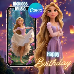 Op de afbeelding: Een digitale illustratie van een tekenfilmprinses met lang blond haar in een paarse jurk. De afbeelding bevat de tekst "Happy Birthday", "Includes Music" en het Canva-logo.