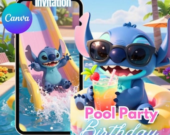 Stitch Pool Party Birthday Invitation Template, Tropical Summer Splash Invite, Editable Hawaiian Beach Birthday, Boy Girl Pool Party Canva