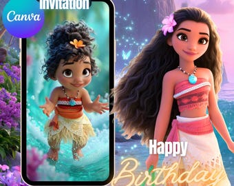 Editable Mona Birthday Invitation Moana Invite Animated Kids Theme Party Invitation Template Digital Hawaiian Mo ana Birthday Invite CANVA