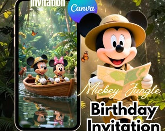 Inbjudan till Safari Mickey Mouse-födelsedag Redigerbar Safari-födelsedagsinbjudan Wild One digital inbjudan Canva-mall, direkt nedladdning