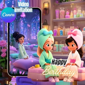 May include: A digital illustration featuring three cartoon women in spa attire. The image includes the text "Video Invitation" and "Canva" at the top left, and "Happy Birthday" in the center. The women are wearing robes and head wraps.