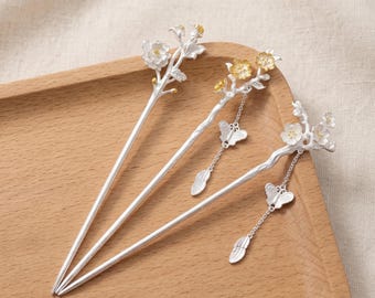 Pure Silver Birth Flower Hair Stick, Chinese Floral Hairpin, Monthly Birthday Flower Hairpin, Elegant Hanfu Hair Accessory Gift