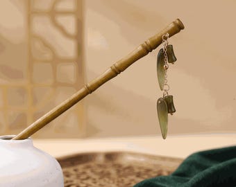 Handmade Chinese Style Hair Stick, Floral Wooden Hairpin with Jade Beads, Elegant Hanfu Hair Accessory Gift for Women