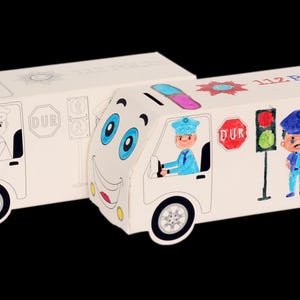 Police Car Themed Coloring Cardboard Model Car (with piggy bank feature), Coloring Craft Activity PDF, Police Officer Birthday Party Favor,