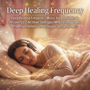 May include: A woman wearing headphones, lying in bed, with the text "Deep Healing Frequency." The image features a soft, warm color palette with glowing lines and sparkles. The text also mentions "Deep Healing Frequency Music for Bedridden & Recovery | 2.40 Hour Solfeggio Meditation | 174Hz Pain Pain Relief, 528Hz Repair, Sleep Aid MP3."