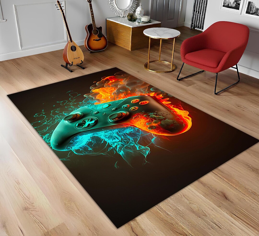 Gaming Controller Rug, Fire and Ice Carpet, Elemental Game Decor, Video ...
