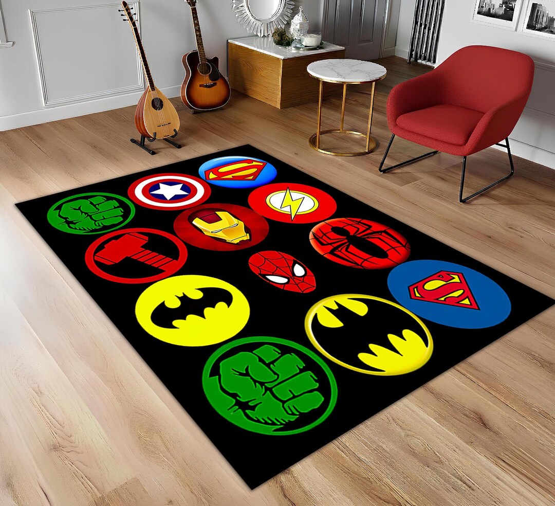 Action Figure Rug Superhero Themed Area Rug, Comic Style Carpet, Action Area Rug, Symbol ...