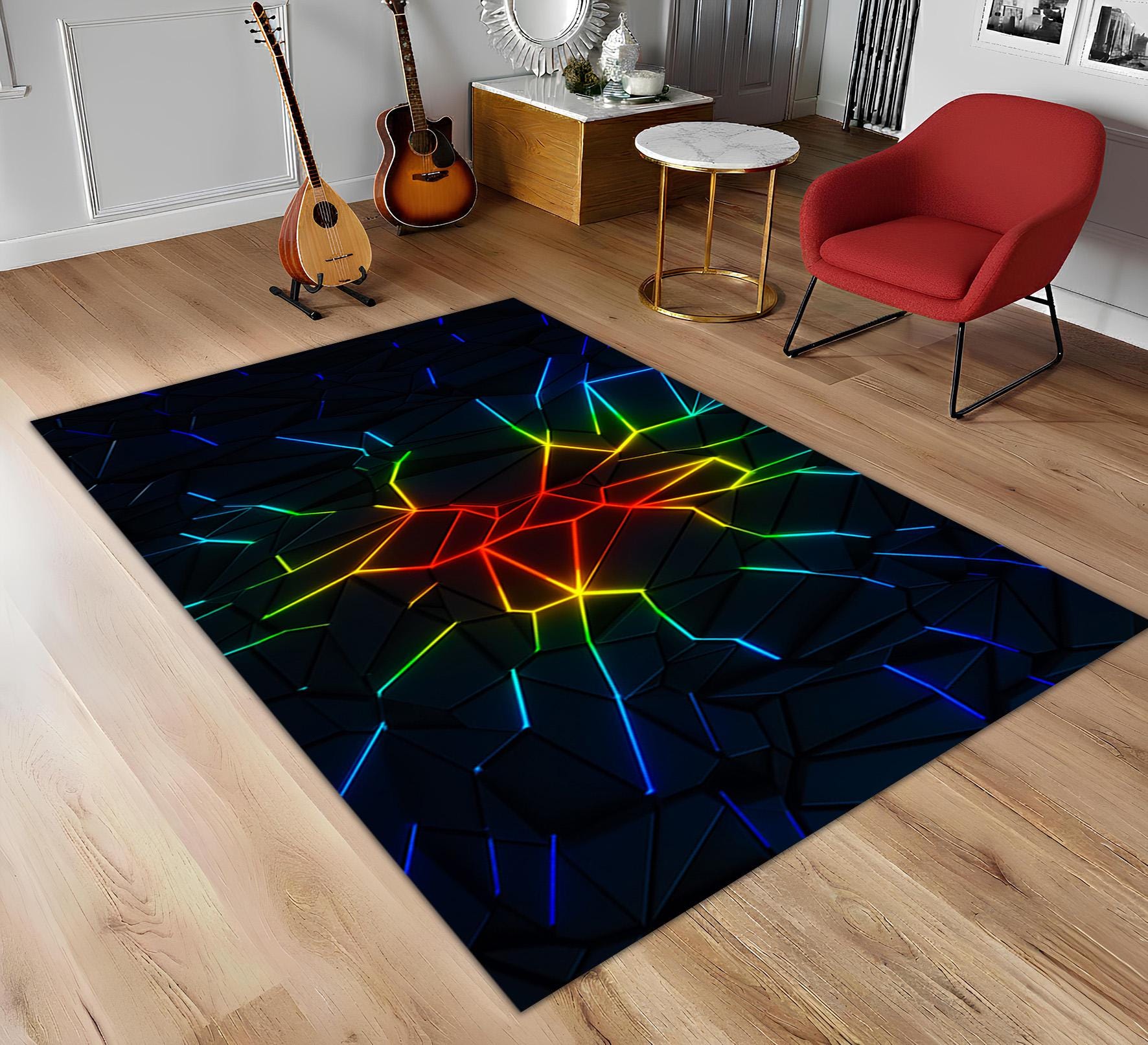 Polygon Area Rug, Abstract Themed Rug, Neon Accent Mat, Teenroom Rug ...