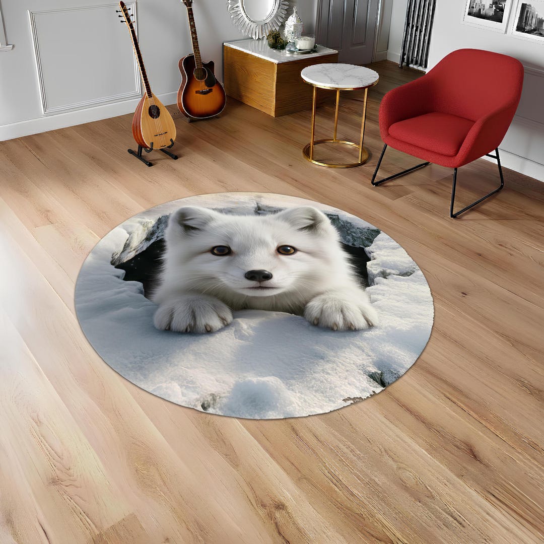 Cute Animal Rug, Arctic Fox Mat, Round Rug, 3D Animal Carpet, Winter ...