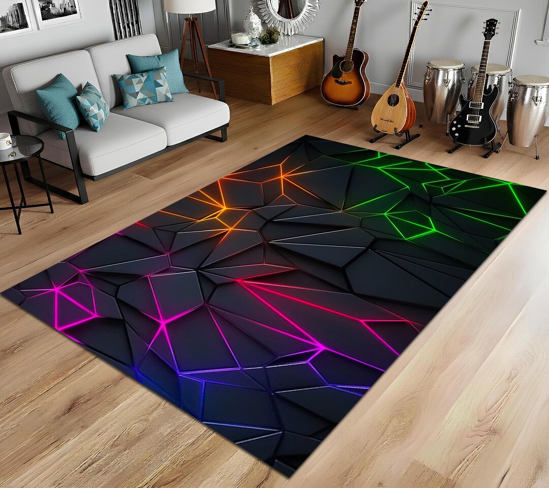 Cyber Rug Neon Themed Area Rug, 3D Style Carpet, Gamer Floor Mat, Abstract Area ...