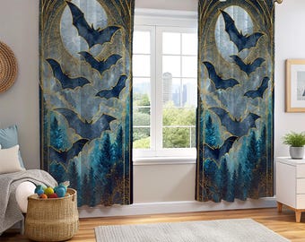 Raamgordijn hemels vleermuis, maanverlicht bos, gotisch woondecor