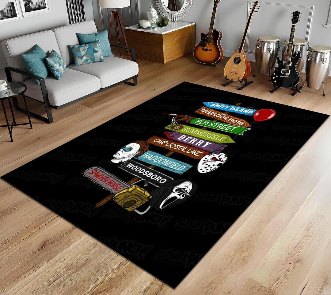 Horror Sticker Rug Horror Movie Locations Rug, Spooky Film Icons, Cinema Room Decor ...