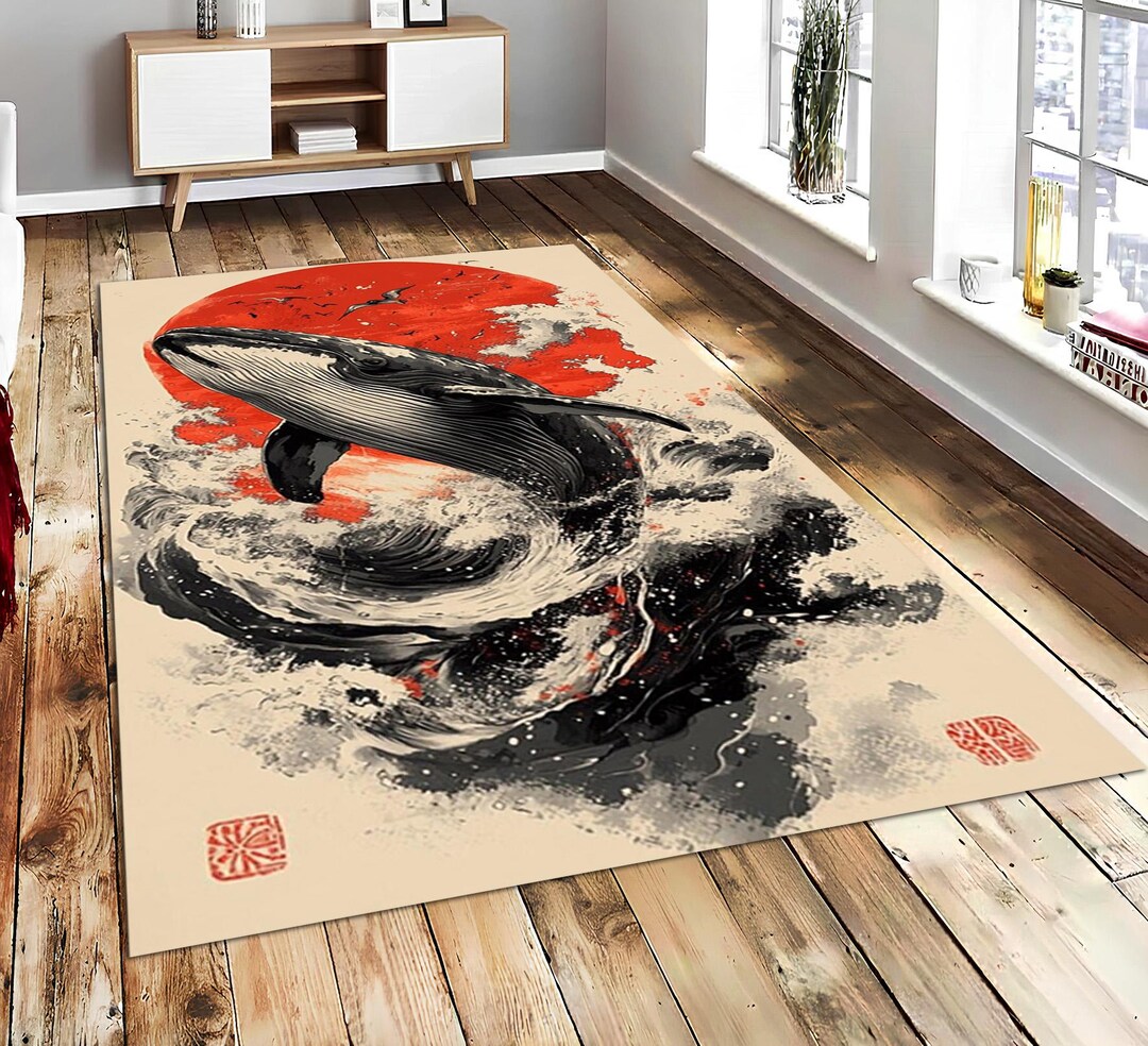 Japanese Whale Rug, Rising Sun Ocean Wave, Ink Style Floor Mat - Etsy