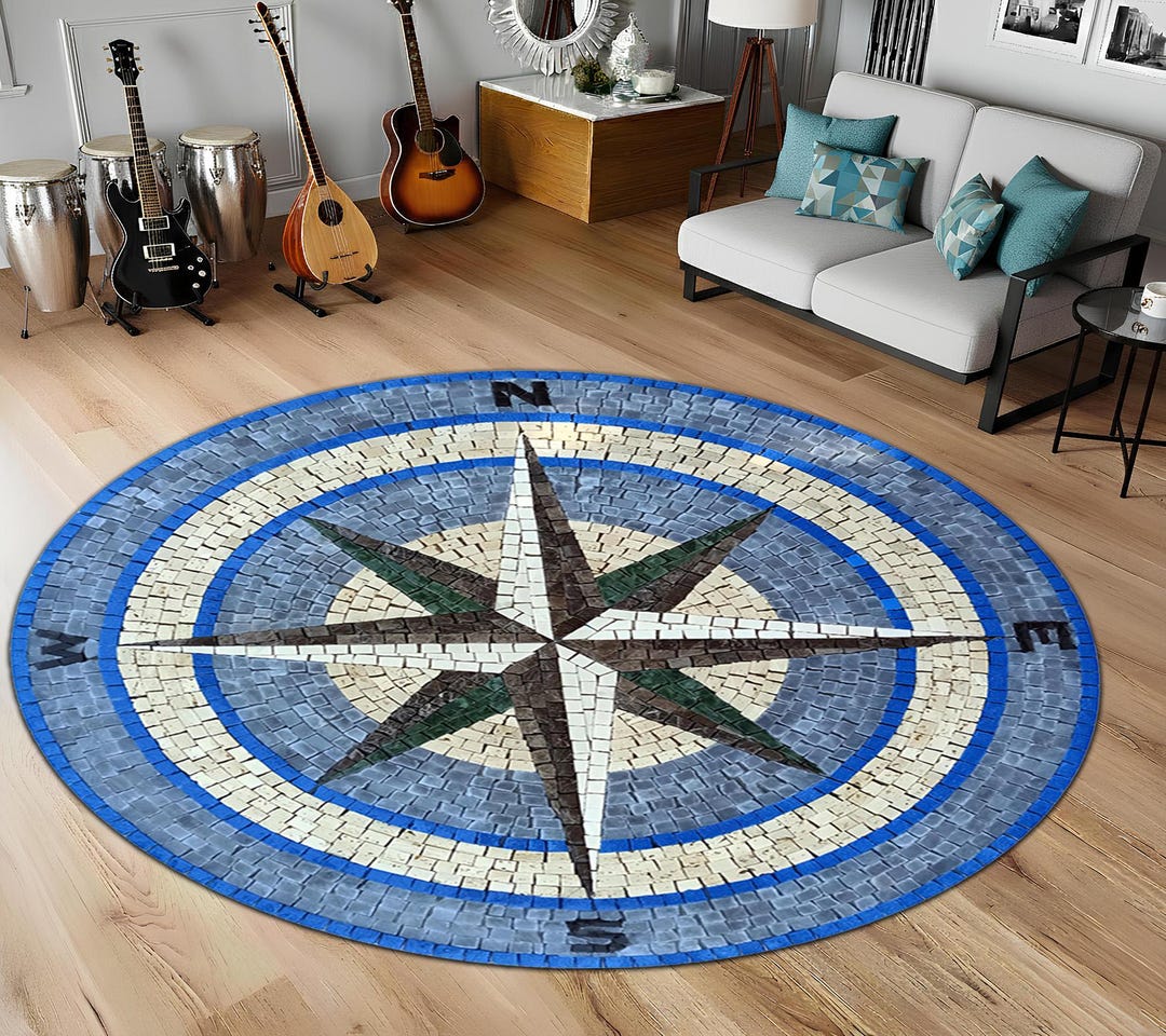 Blue Compass Rug Blue Mosaic Compass Round Rug, Maritime Style - Etsy