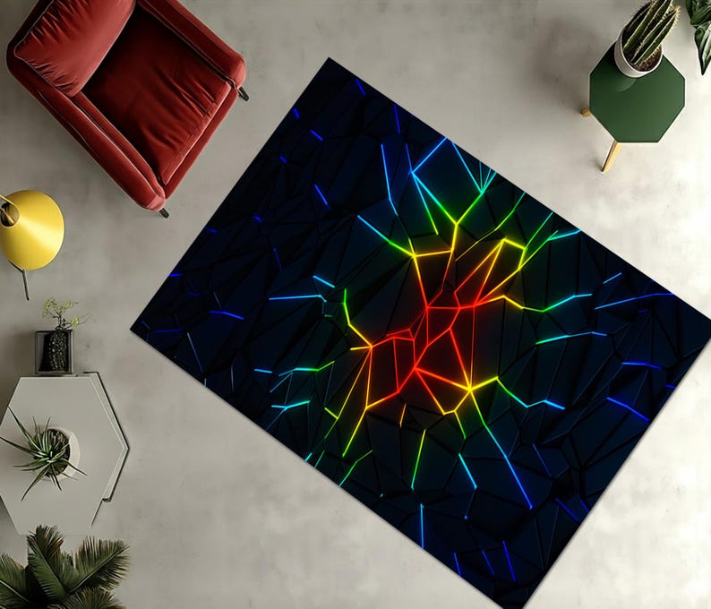 Polygon Area Rug, Abstract Themed Rug, Neon Accent Mat, Teenroom Rug ...