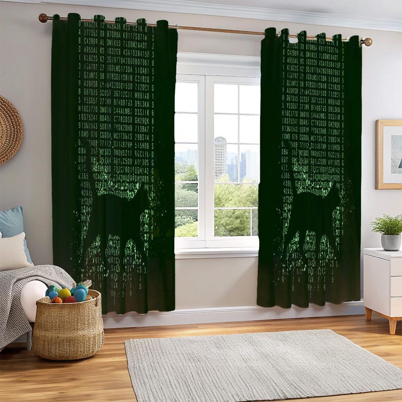 Op de afbeelding: Donkergroene gordijnen met een matrix-stijl ontwerp en een silhouet van een wolf. De gordijnen hebben een digitaal regenpatroon met cijfers en letters, wat een moderne, technisch ge&iuml;nspireerde uitstraling cre&euml;ert.