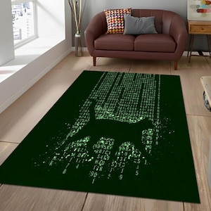 May include: A dark green rectangular rug with a cat silhouette and a matrix-style design in light green. The rug has a modern, tech-inspired aesthetic, suitable for a living room or bedroom. The rug's dimensions are in centimeters.