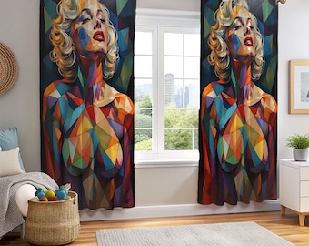 Abstract gordijn vrouwenportret, kleurrijke geometrische gordijnen