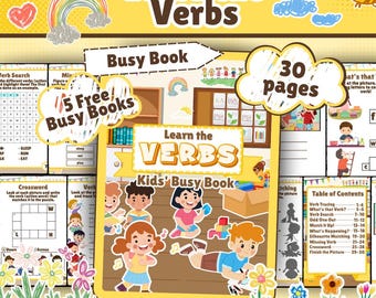 Puede incluir: Un "Learn the Verbs Kids' Busy Book" amarillo y blanco con 30 páginas, con ilustraciones de niños y actividades educativas. Incluye "5 Free Busy Books" y el texto "Instant Download | Ready to Print PDF File".