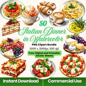 May include: Watercolor illustration of various Italian dishes, including pasta, pizza, and desserts. The image features the text "50 Italian Dinner in Watercolor" and "PNG Clipart Bundle". The image also includes the text "Instant Download" and "Commercial Use".