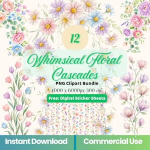 Puede incluir: Un gráfico de arte digital con cascadas florales de acuarela en colores pastel. La imagen incluye margaritas, rosas y otras flores. El texto dice "Whimsical Floral Cascades" y "PNG Clipart Bundle".