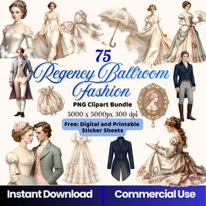 Puede incluir: Un paquete de imágenes prediseñadas digitales con 75 diseños de moda Regency Ballroom. La imagen incluye ilustraciones de elegantes vestidos, trajes y accesorios, con el texto "Regency Ballroom Fashion". El paquete es para hojas de pegatinas digitales e imprimibles.