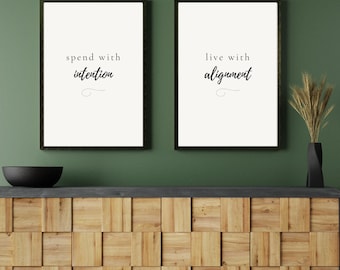 Intentional Living Printable Set, Spend With Intention & Live With Alignment, Minimalist Wall Art, Mindful Decor, Digital Download