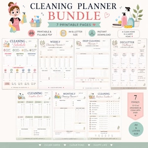 May include: A cleaning planner bundle featuring seven printable pages including a cleaning schedule, weekly planner, deep cleaning planner, declutter challenge, supplies list, monthly planner, and routine tracker with pastel illustrations and text.