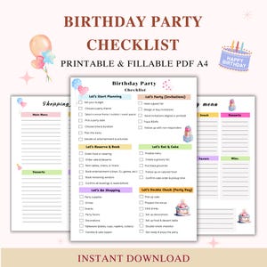 May include: A printable and fillable PDF A4 birthday party checklist. The design features a pink and white color scheme with illustrations of balloons, cakes, and gifts. The checklist includes sections for planning, invitations, food, and party day tasks.