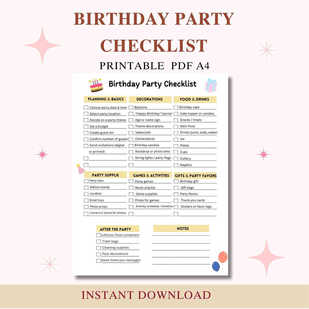 Birthday Party Checklist Printable | Party Planning Checklist PDF ...