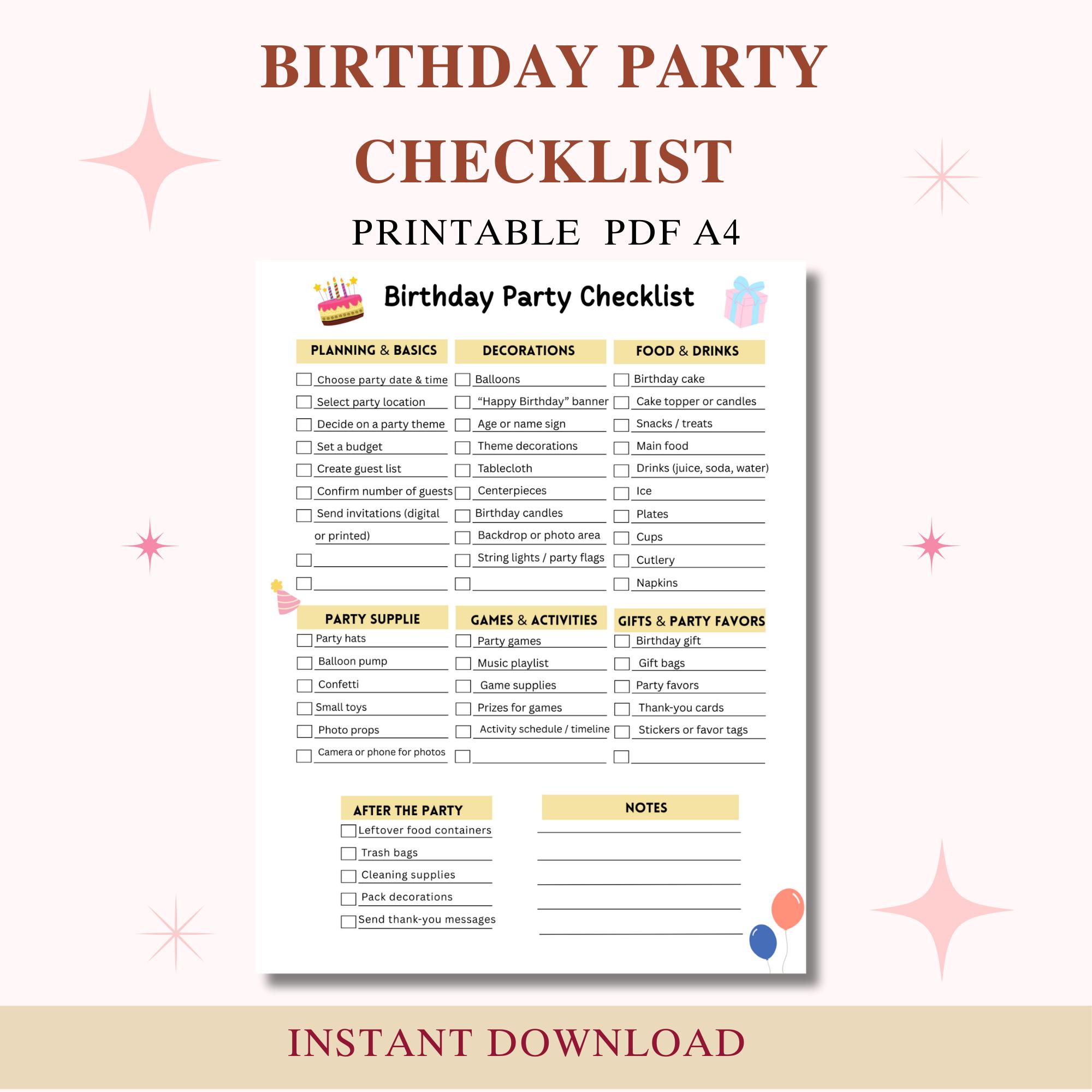 Birthday Party Checklist Printable | Party Planning Checklist PDF ...