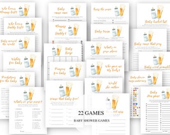 May include: A set of 22 baby shower games printed on white paper, each featuring watercolour illustrations of a baby bottle and a pint of beer. The cards include games such as "Baby Name Race" and "Baby Bingo". The text reads "22 GAMES BABY SHOWER GAMES".
