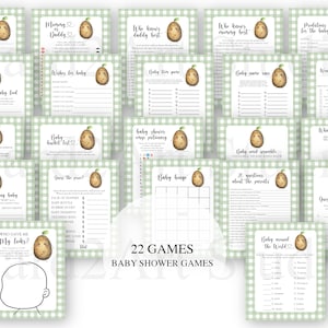 Op de afbeelding: Een verzameling van 22 babyshower spellen met een lichtgroene ruitjesachtergrond. Elke spelkaart heeft een aquarel illustratie van een aardappel met een spruit. Speltitels zijn onder meer "Prayers for Baby" en "Baby Bingo".