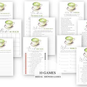 May include: A collection of ten bridal shower games printed on white cardstock. Each game features a watercolor illustration of a green tea latte in a white teacup. The games include "Bridal Bingo," "He Said She Said," and "Would She Rather."