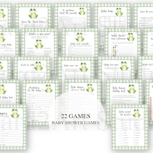 Op de afbeelding: Een verzameling van 22 babyshower spellen met een groen-witte ruitjesrand. Elke spelkaart heeft een kikkerillustratie. De tekst "22 GAMES BABY SHOWER GAMES" wordt weergegeven. Spellen zijn onder meer "Guess the Sweet Mess" en "Baby Bingo".