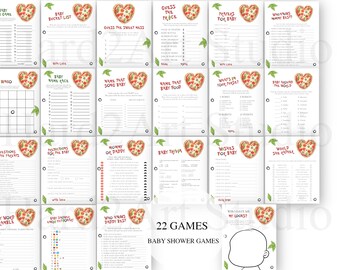 May include: A collection of 22 baby shower games printed on white cards. Each card features a pizza-shaped heart design and green leaf accents. The text "22 GAMES BABY SHOWER GAMES" is visible.