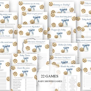 Könnte beinhalten: Eine Sammlung von 22 Babyparty-Spielen, die auf weißen Karten gedruckt sind. Jede Karte zeigt Aquarellillustrationen einer Milchflasche mit blauer Schleife und Schokoladenkeksen. Spieltitel sind u.a. "Baby Name Race" und "Guess the Price".