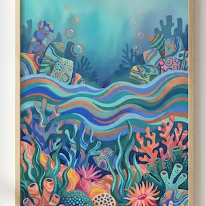 Abstract Ocean Wall Art,  Colorful Coral Reef Illustration, Modern Coastal Decor, Nerikomi Inspired Sea Print, Digital Download