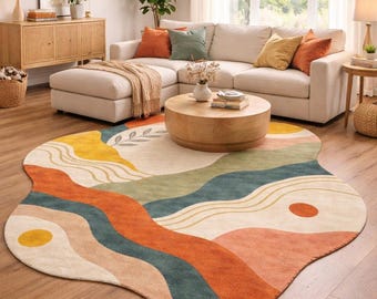 Abstract Modern Area Rug Hand Tufted Wool Organic Shape Beige Rust Green Luxury Soft Plush Living Room Carpet 8x10 9x12 Custom Size