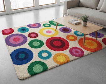 Alfombra circular colorida de lana tejida a mano, estilo moderno de mediados de siglo, con lunares, ideal para la decoración de la sala de estar infantil. Tamaños disponibles: 8x10 y 9x12. Tamaños personalizados.