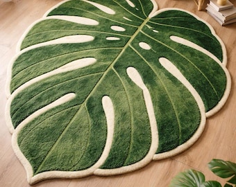Alfombra Monstera Leaf, tejida a mano, de lana de Nueva Zelanda, alfombra tropical botánica verde, alfombra de lujo afelpada, tamaño personalizado.