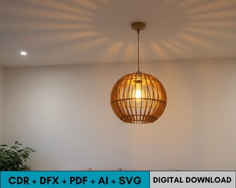 Wooden Pendant Lamp Shade SVG Dxf Cdr Ai Pdf Laser Cut File Modern Hanging Light Design  Template for DIY Home Decor Lighting
