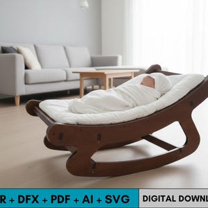 May include: A wooden baby rocker with a white cushion and a baby wrapped in a white blanket. The rocker is dark brown and has a curved design. The text at the bottom says "CDR + DFX + PDF + AI + SVG DIGITAL DOWNLOAD".