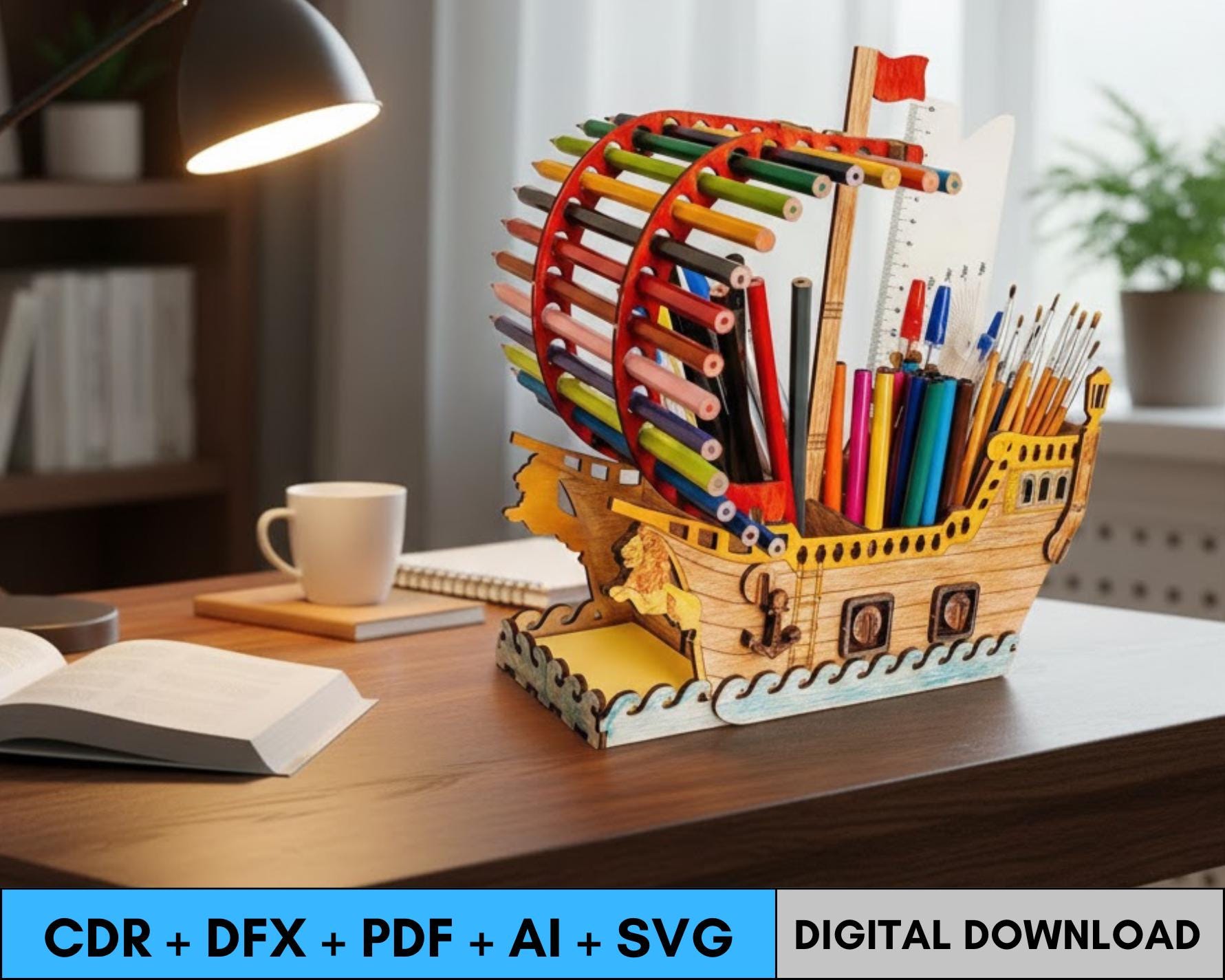 Ship Model Pen Holder Laser Cut File, Nautical Desk Decor DIY Template ...
