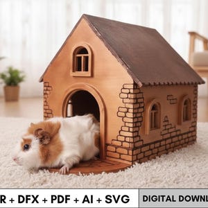 May include: A wooden pet house with a brown roof and brick-like detailing. A guinea pig with brown and white fur is emerging from the house. The image includes the text "CDR + DFX + PDF + AI + SVG" and "DIGITAL DOWNLOAD".